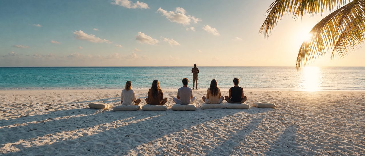 Illustration: a small group seated on cushions on a white-sand beach at golden hour, facing calm turquoise water, a guide standing at the water’s edge.