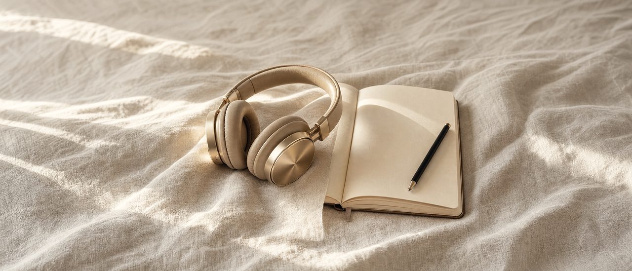 Headphones and an open notebook resting on linen in soft morning light.
